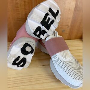 Sorel Women's Kinetic Impact II Strap Sneakers in the white, moonstone, and pink